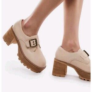 OASIS SOCIETY Sarah Buckled Stacked Platform Oxford Loafers Biege Size 6